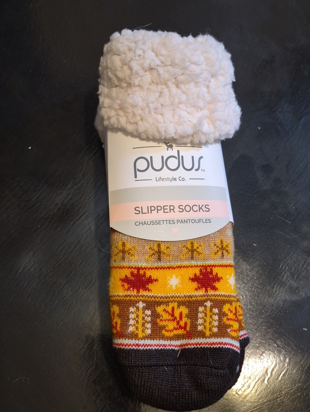 Pudus Cream Sherpa Lined Slipper Socks - Yellow Pattern